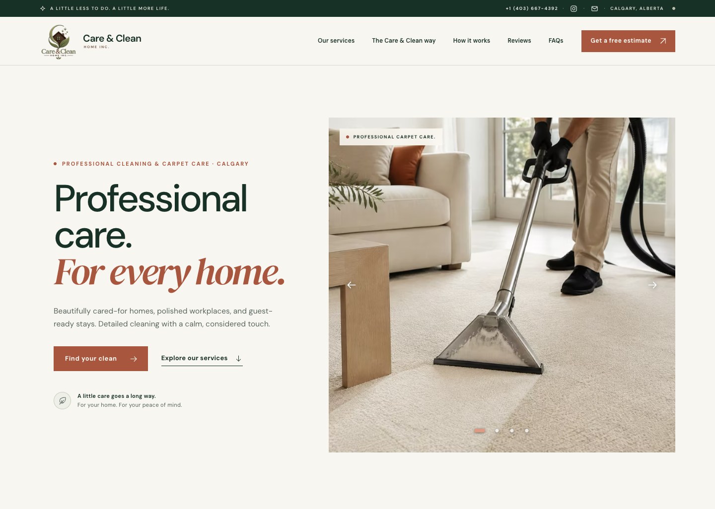 Головна сторінка Care & Clean Home — клінінгової компанії в Калгарі